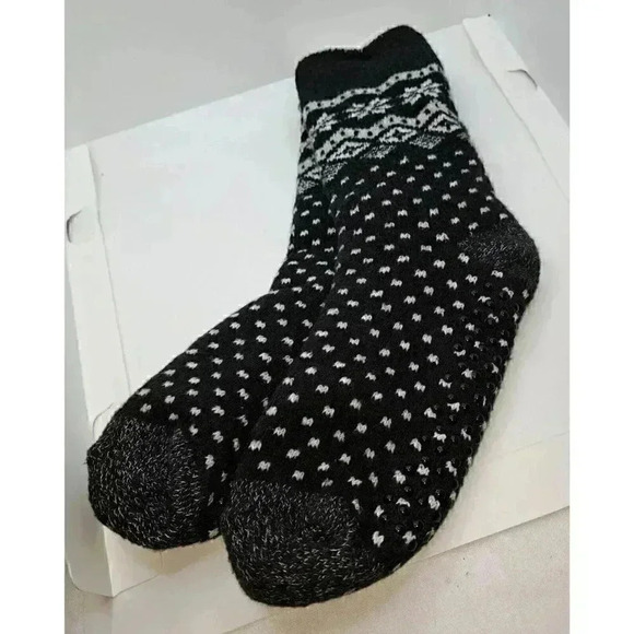 Cuddl Duds Women's Double Layer Plush Lounge Slipper Non Slip Socks Black White - Picture 2 of 7